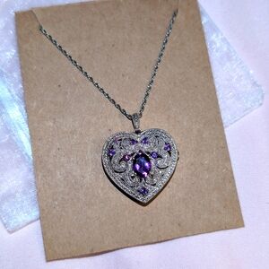 Silver Heart Locket Necklace with Amethyst Accents
